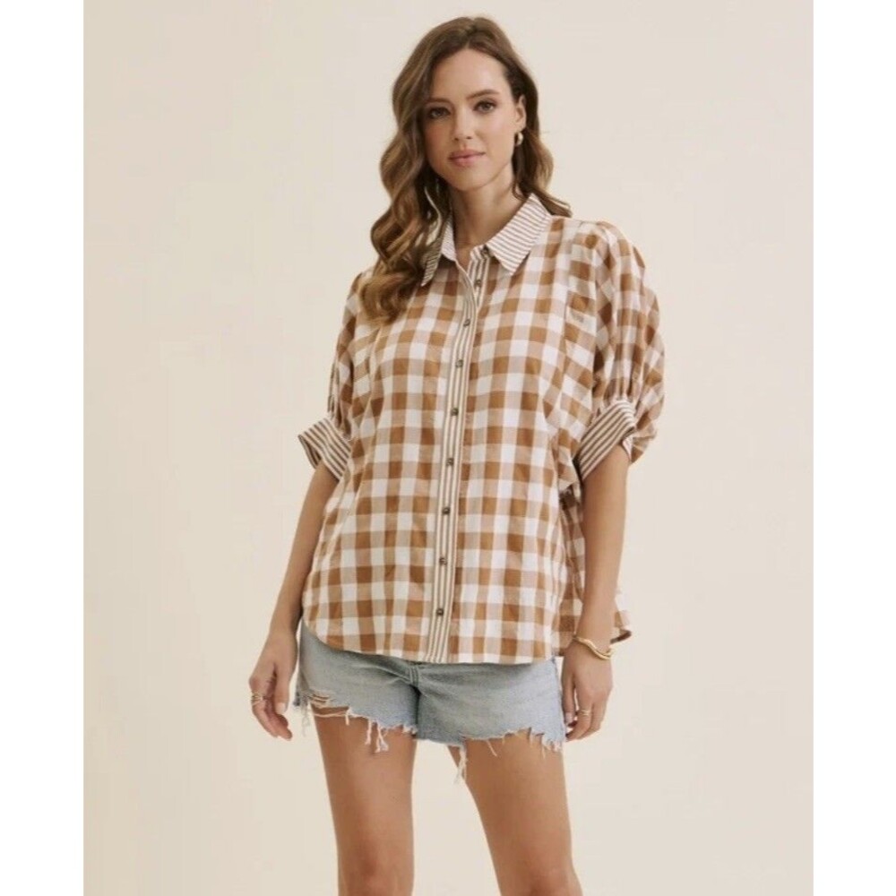 NWT In February Boutique Gingham Top Size Small Brown Cotton Boho Puff Sleeve